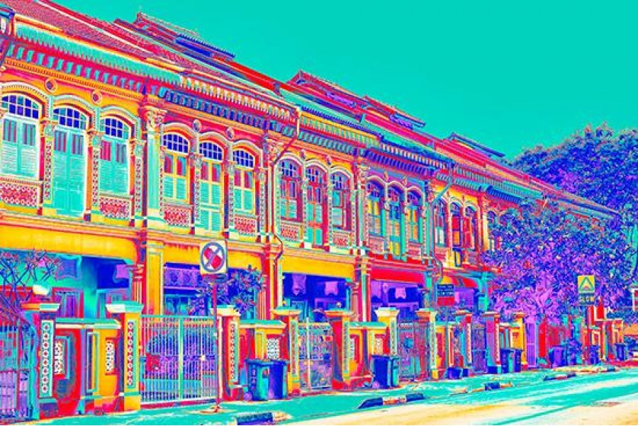 Joo Chiat Shophouses - Aqua Acrylic Block Print